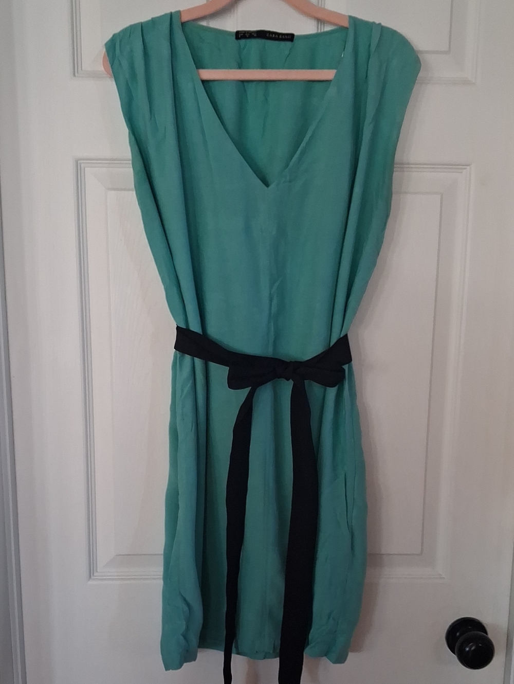 Zara Teal V-Neck Sleeveless Dress with Black Waist Tie